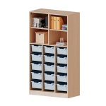 ErgoTray Regal, 3reihig, 5 OH, unten 15 hohe Boxen, oben 2 EB, B/H/T 104,5x190x50cm 